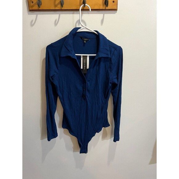 Violets & Roses NWT Blue Ribbed Knit Long Sleeve Bodysuit Fall Chic Minimalist - Picture 6 of 11